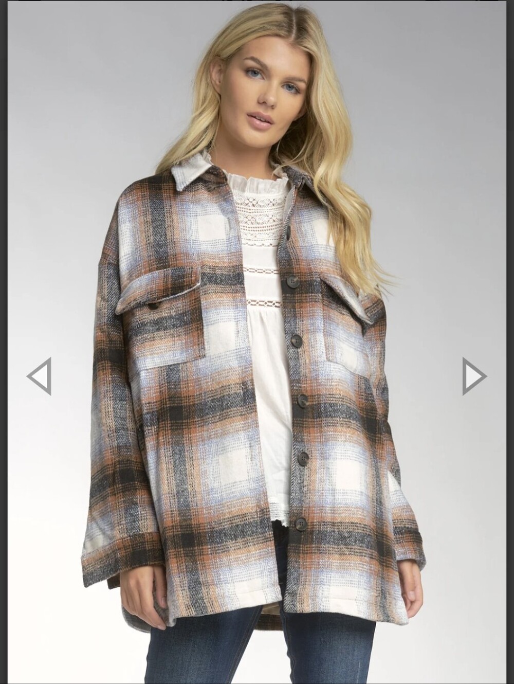 Saks Fifth Avenue Brown Plaid Oversized Shirt Jacket Shacket Fully Lined Size L